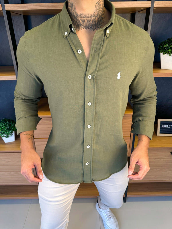 Camisa Polo Ralph. Linho Verde Musgo Logo Branco